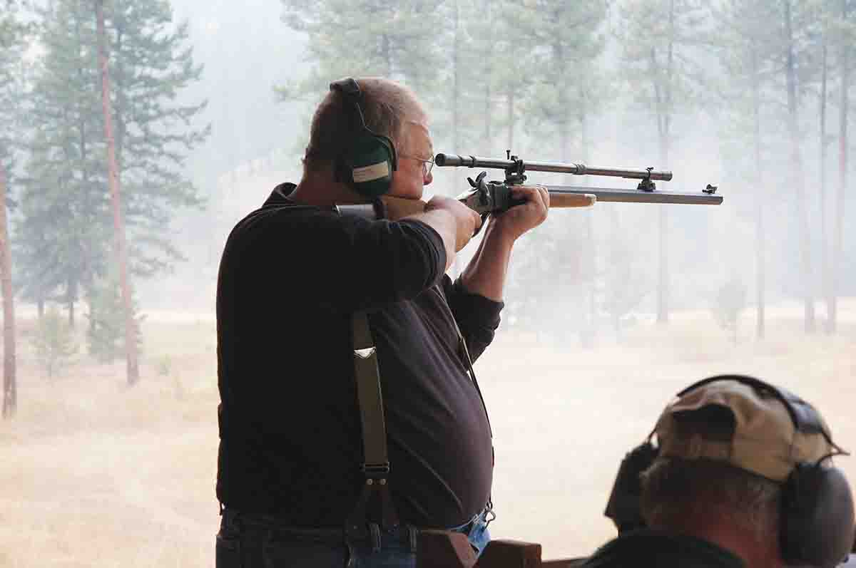 Mike is shown shooting one of his Shiloh Model 1874 Sharps 45-70s in a BPCR Silhouette event. The scope is a 6x from Montana Vintage Arms.